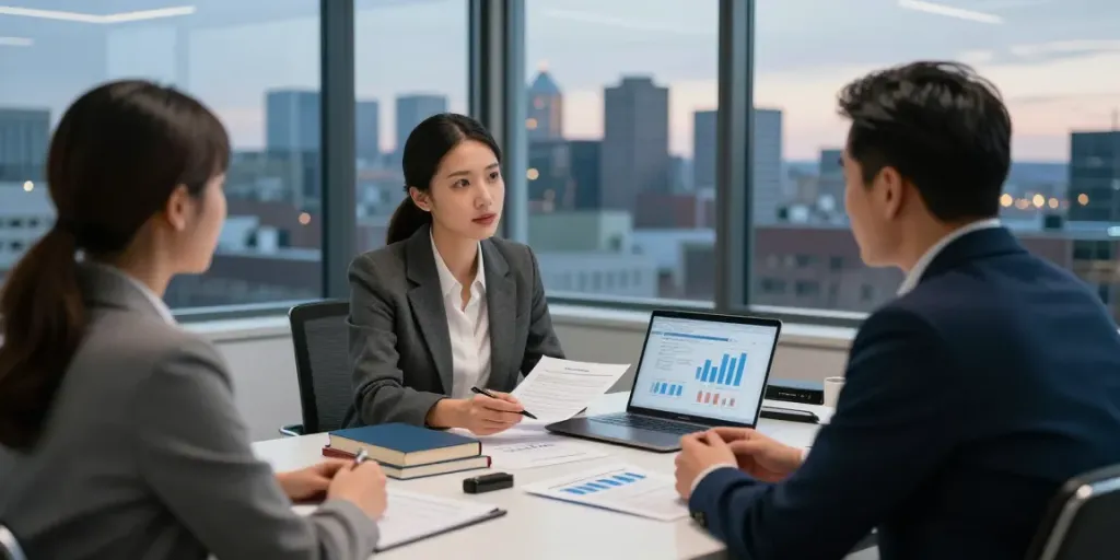 Professional financial advisor Montreal discussing strategies with clients in modern office