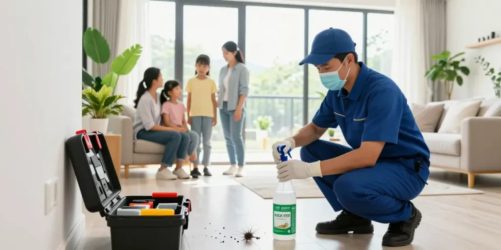 Pest control technician treating a family's home with eco-friendly products, ensuring safety and comfort.
