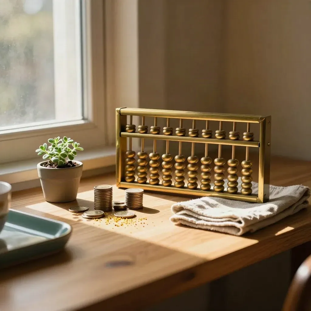 Brass abacus, coin stacks, herb, and linen cloth in a sunlit condo breakfast nook.