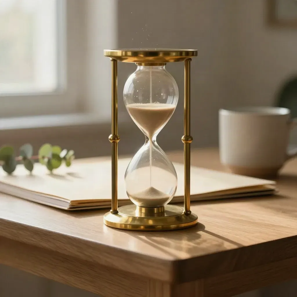 Brass hourglass, folder, cup and plant on a dawn-lit home-office desk