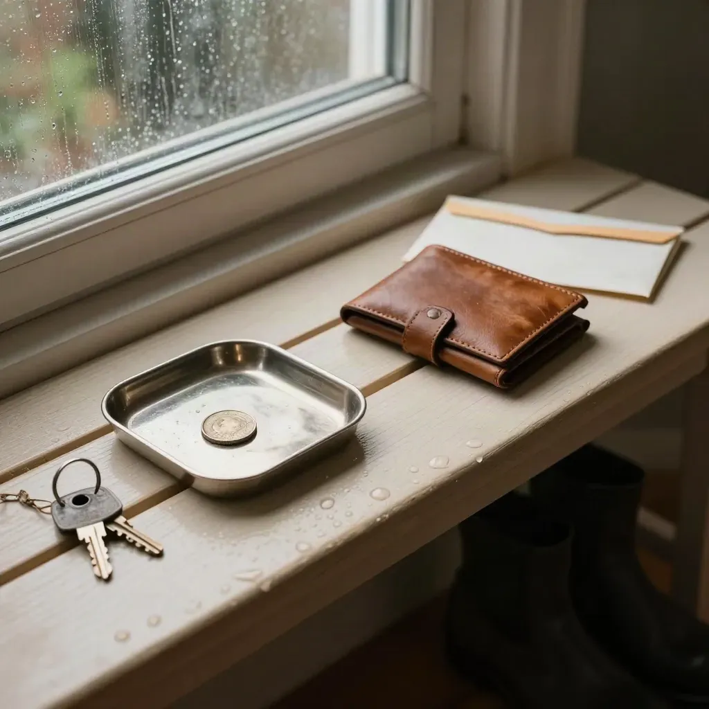 Rainy mudroom bench with coin tray, keys, wallet and envelope, last coin lined up in a reset moment