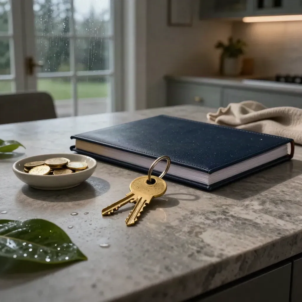 Brass keys, navy binder and coins on a rain-damp kitchen island at blue hour.