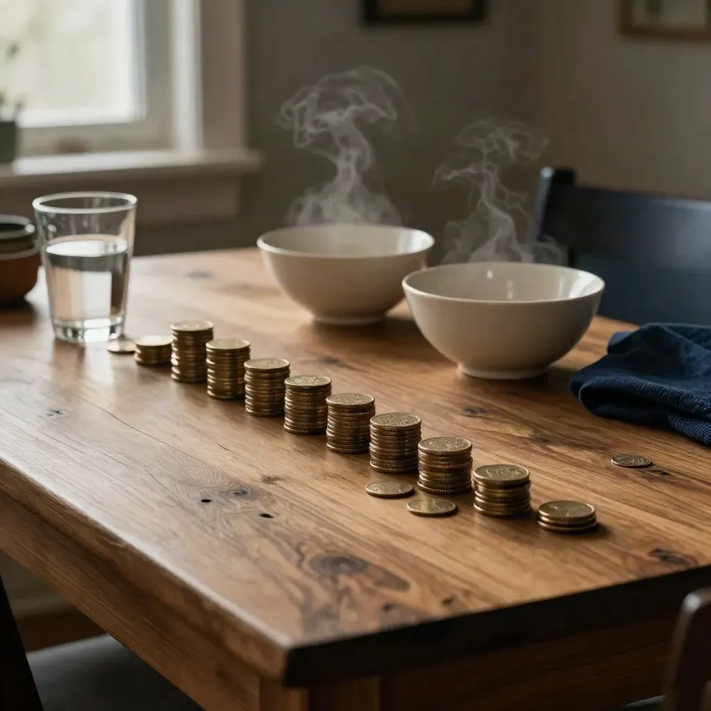 Breakfast table with coin stacks, bowls, and water in moody light