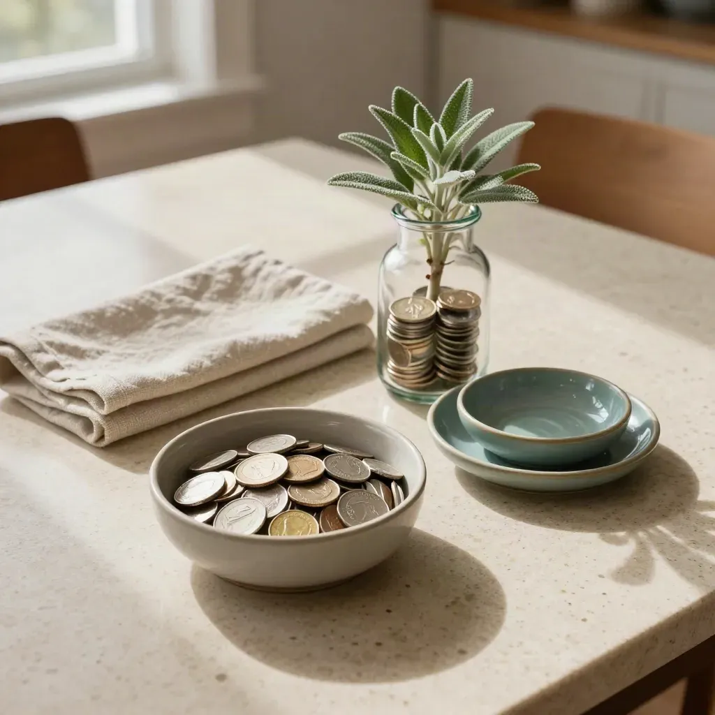 Top-down table flat lay with two coin vessels, linen and a plant for a money choice comparison