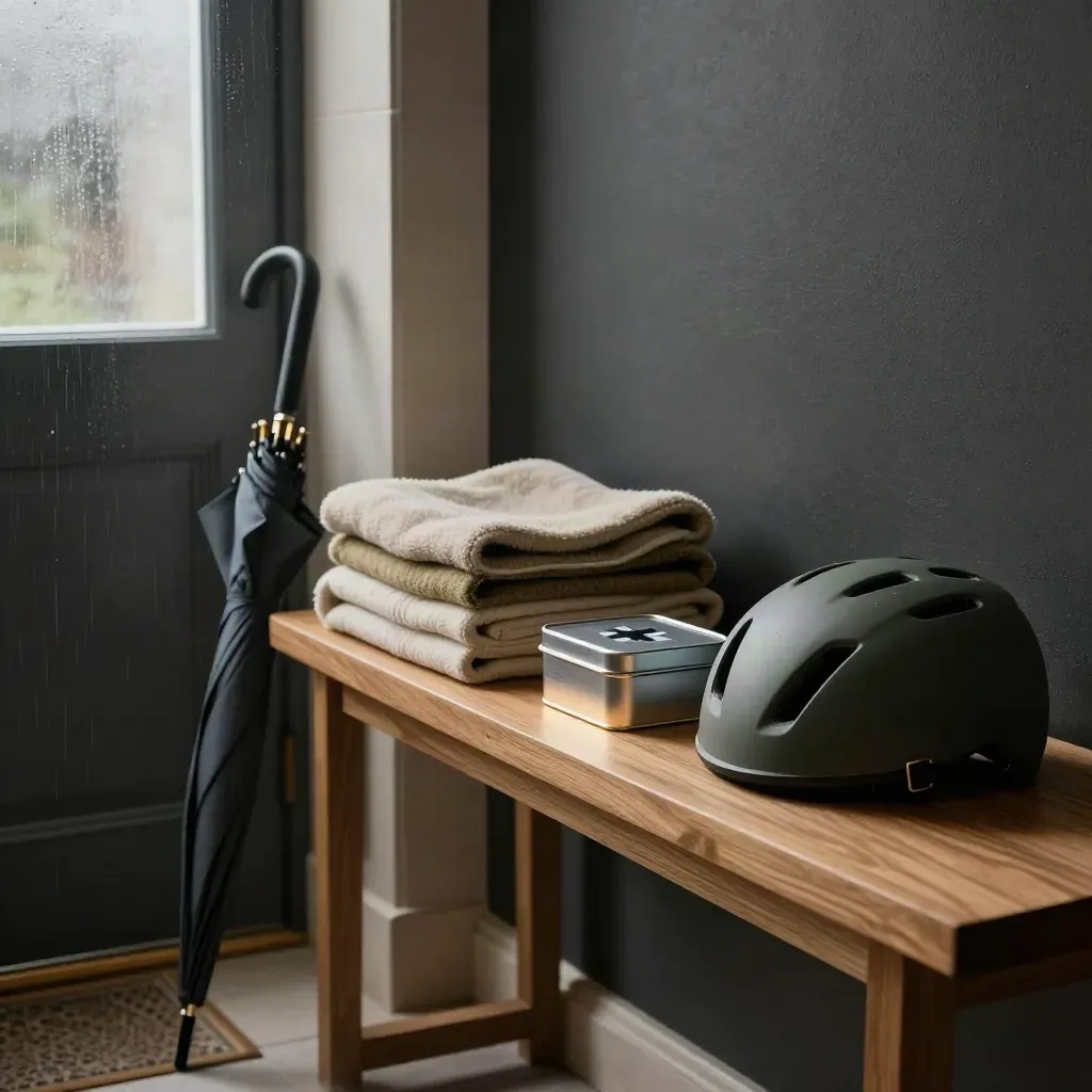 Umbrella, blanket, first-aid tin and bike helmet aligned on a hallway console in humid light.