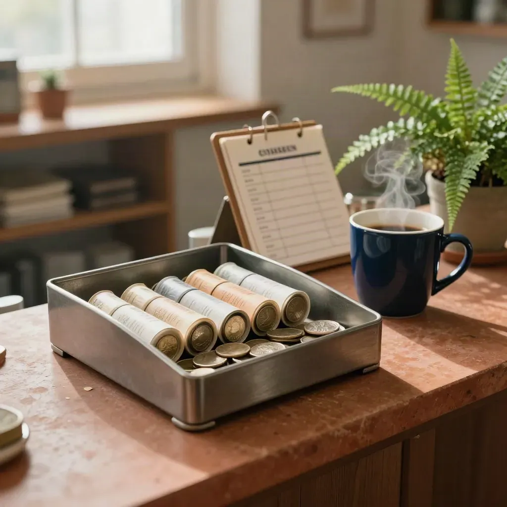 Half-open cash drawer with coin rolls, planner, navy mug and fern on a terracotta shop counter.