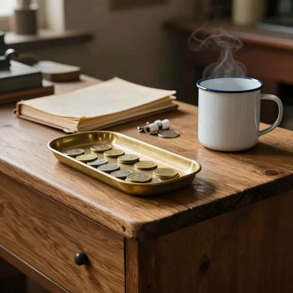 Cash tray with coin rolls, closed ledger and enamel mug on a workshop counter