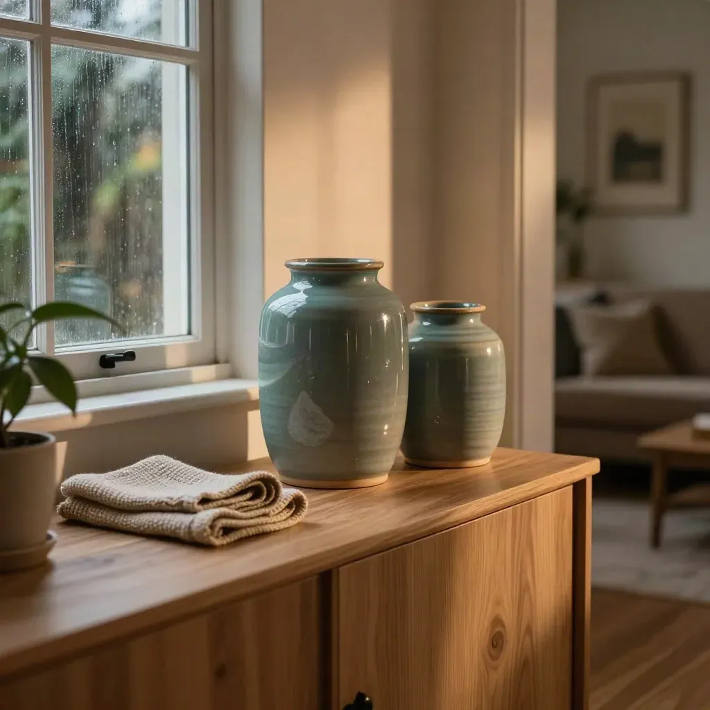 Warm living room sideboard with ceramic jars, folded throw, and plant by rain-lit window