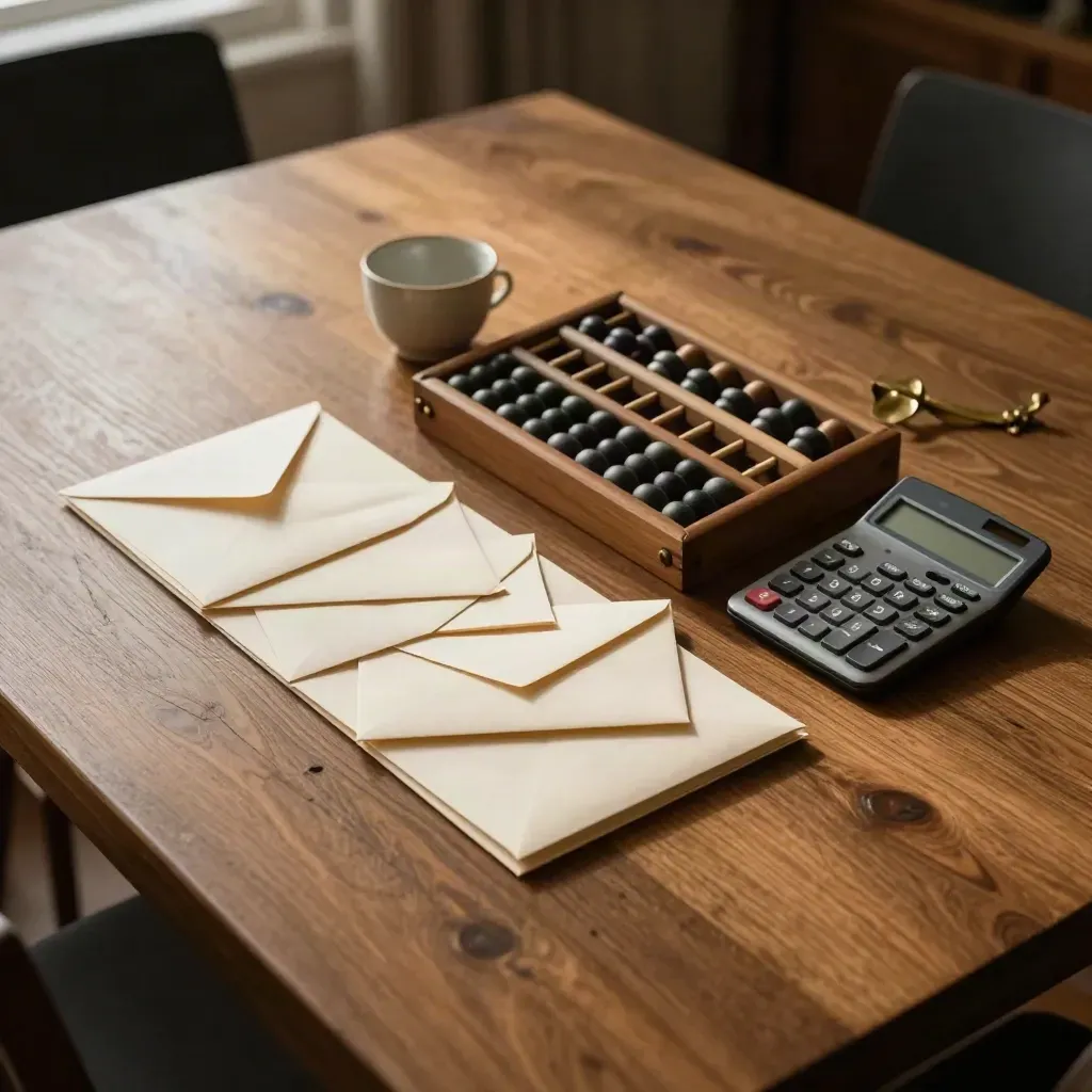 Overhead finance still life on a dining table: envelopes, abacus, calculator and ceramic cup in moody light.