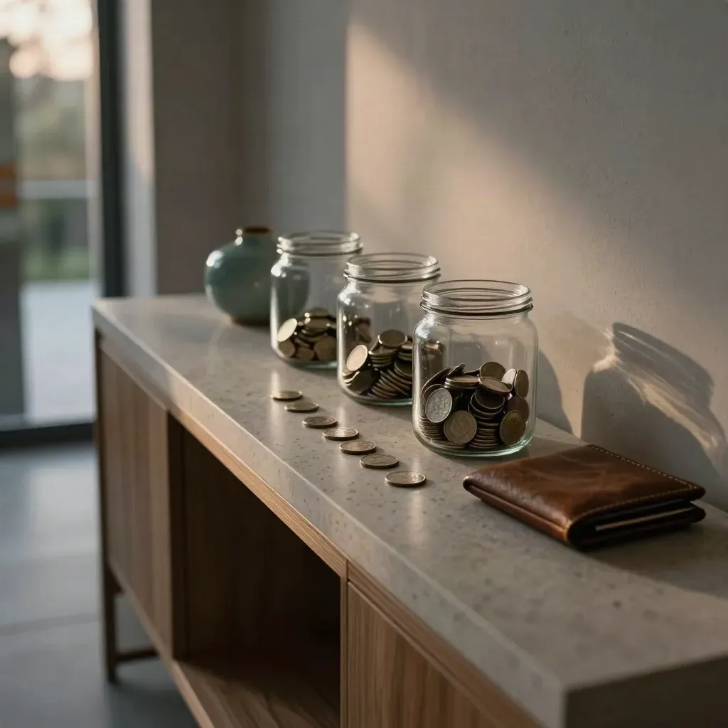 Hallway console with three coin jars, stone dish and closed wallet, coins advancing between jars