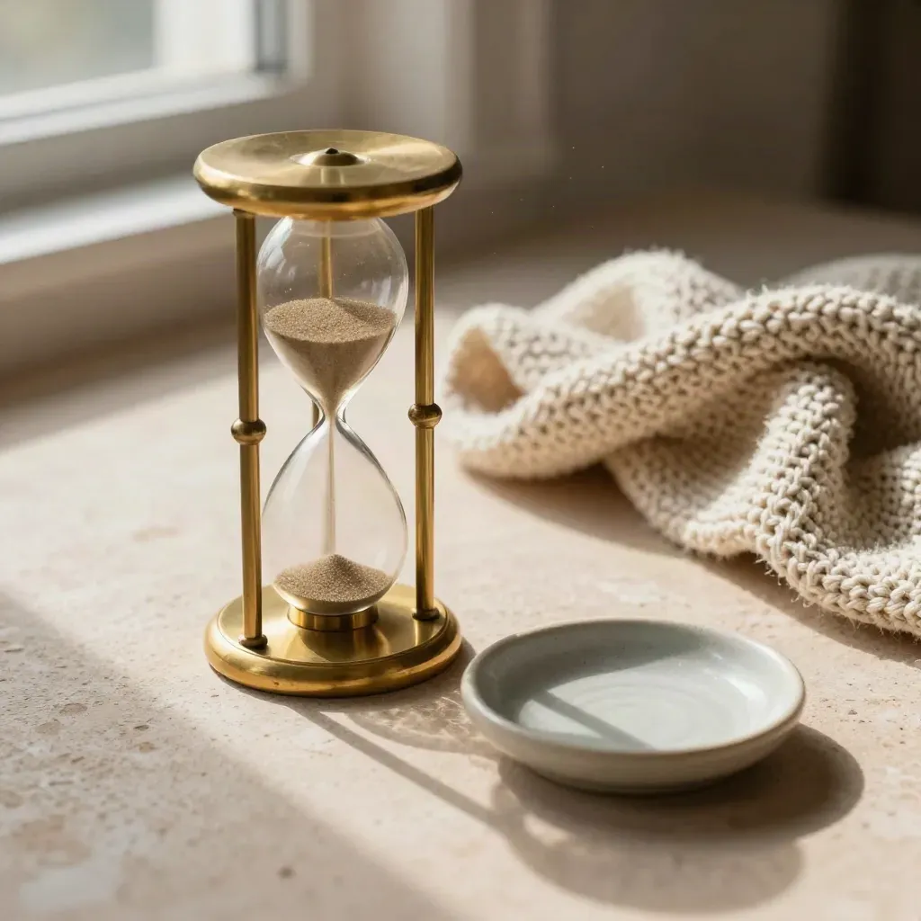 Brass hourglass with knit throw and ceramic dish on pale stone, lit by soft window light.