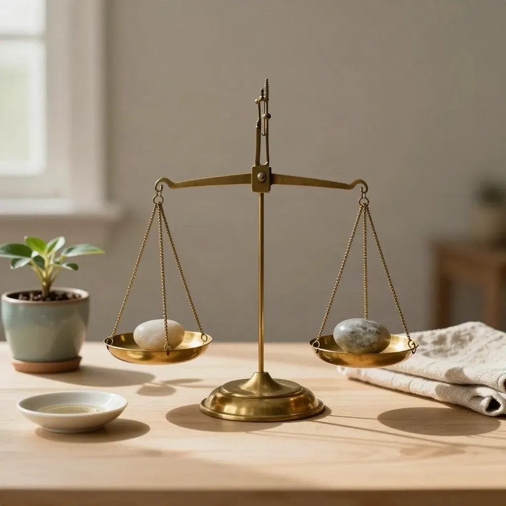 Brass balance scales with stone weight and potted plant on pale wood.